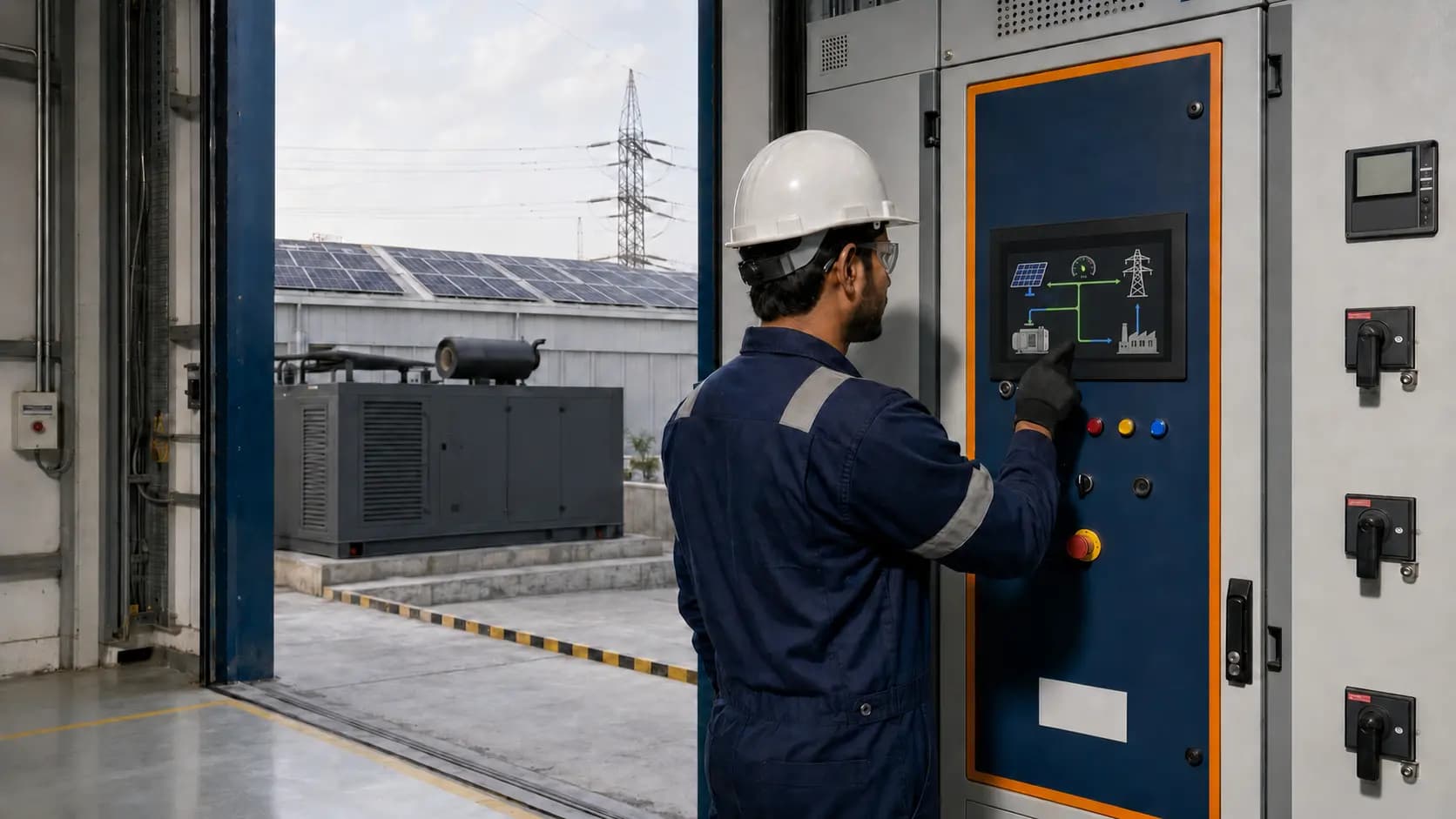 Automatrix engineer operating a dedicated solar, generator, and grid energy-control panel at an industrial facility